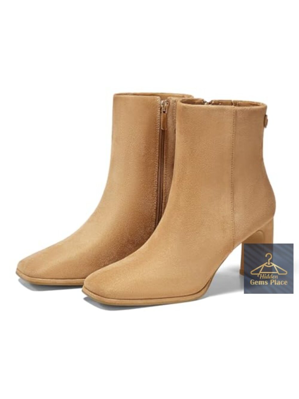 Coutgo Women's Square Toe Ankle Boots Chunky Block Heel Side Zipper Faux Suede